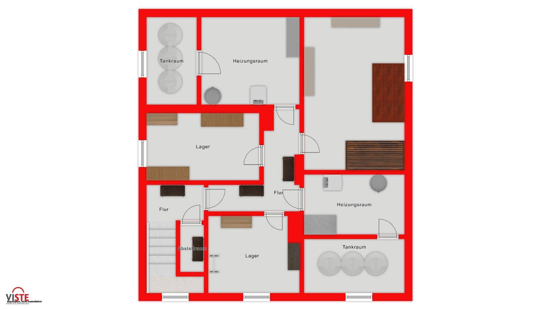 Grundriss des Kellergeschosses mit Lagerräumen, Heizungsraum und Tankraum.