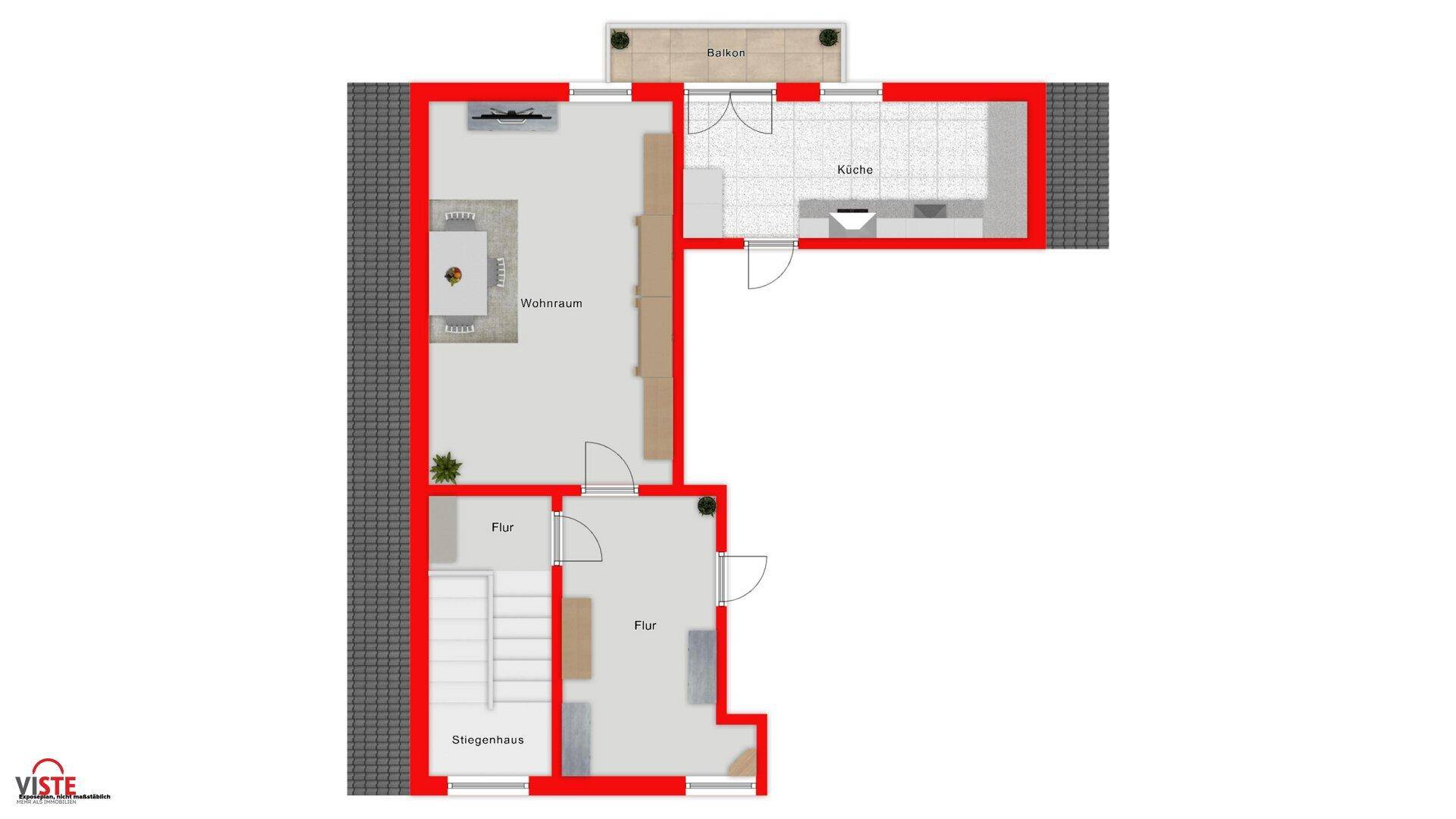 Grundriss des Dachgeschosses mit Wohnraum, Küche und Balkon.