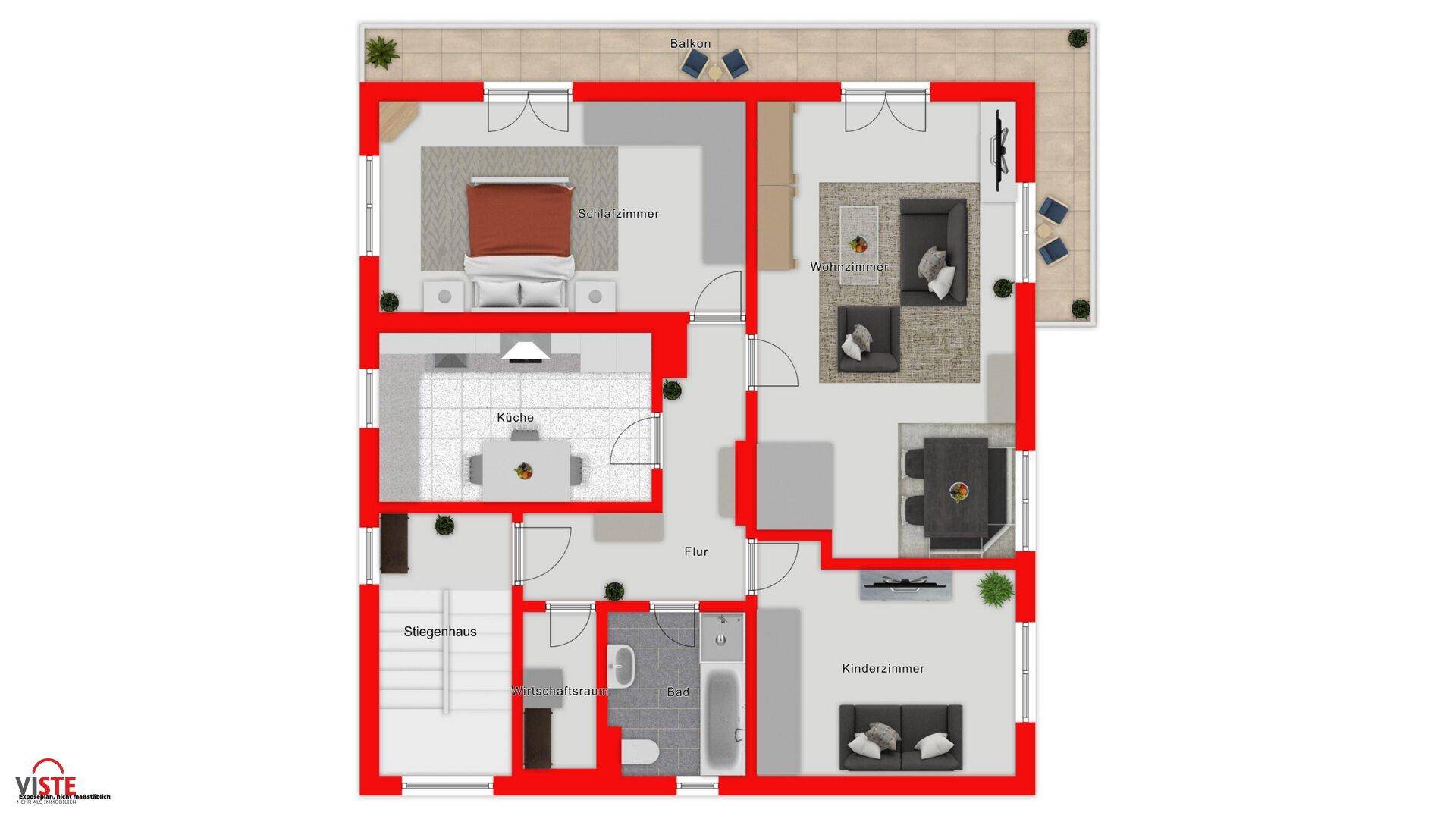 Grundriss des Obergeschosses mit Schlafzimmern, Bad und Balkon.