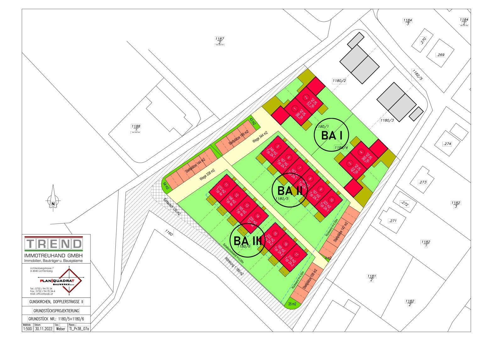 Übersichtsplan des Grundstücks mit mehreren geplanten Reihenhäusern, Gärten und Zufahrtswegen.
