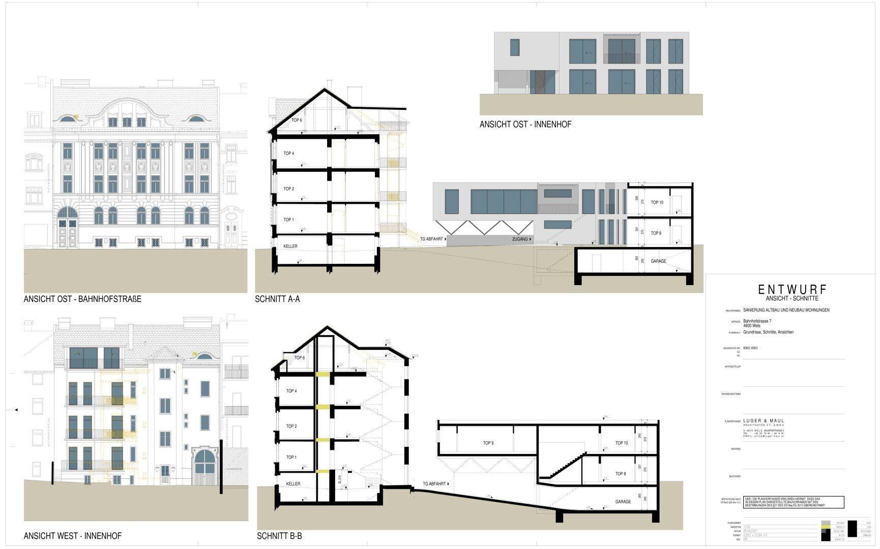 Architektonische Entwürfe mit Ansichten und Schnitten des Gebäudes von verschiedenen Seiten.