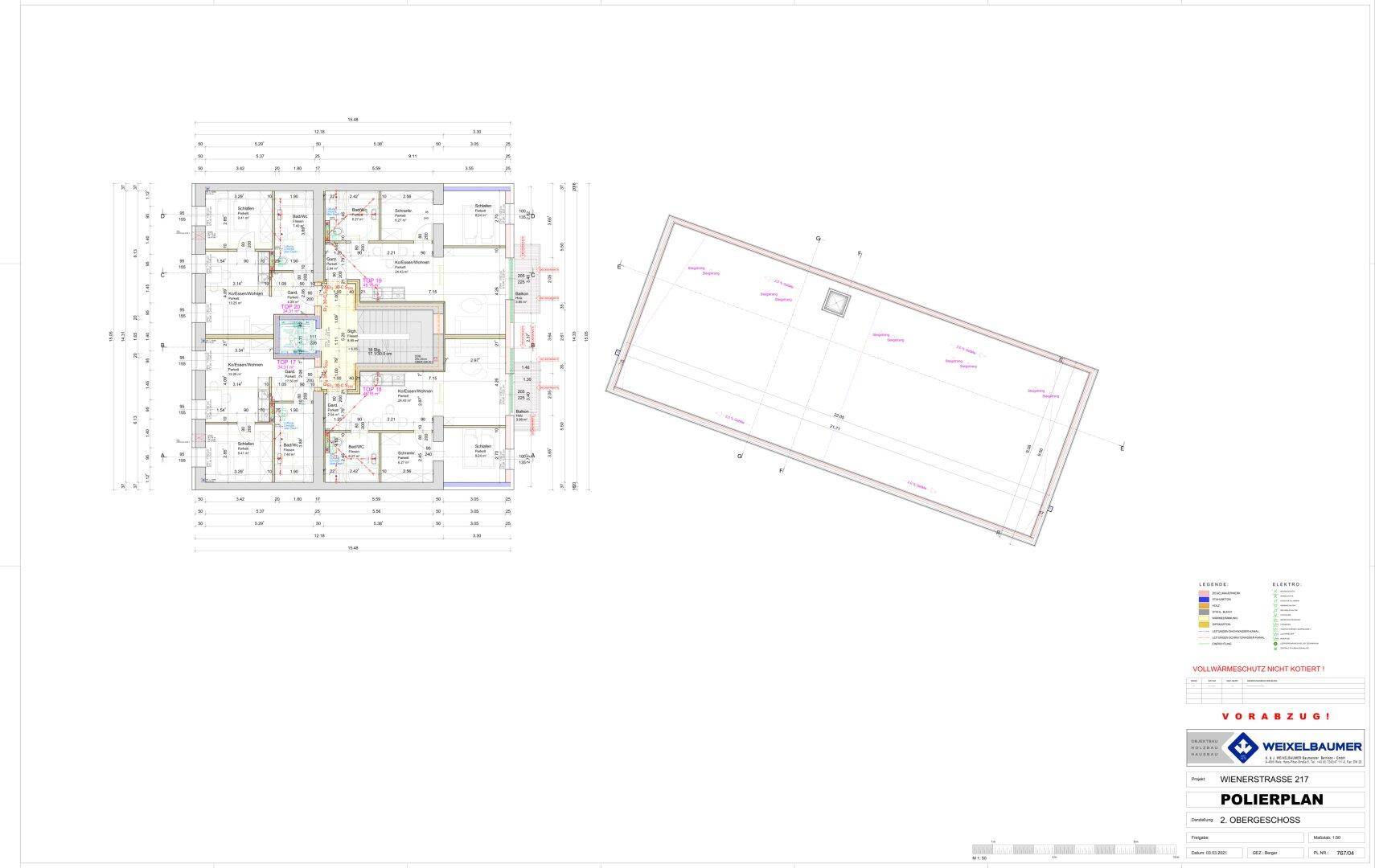 Grundrissplan des zweiten Obergeschosses mit Wohnungsaufteilung und technischen Details.