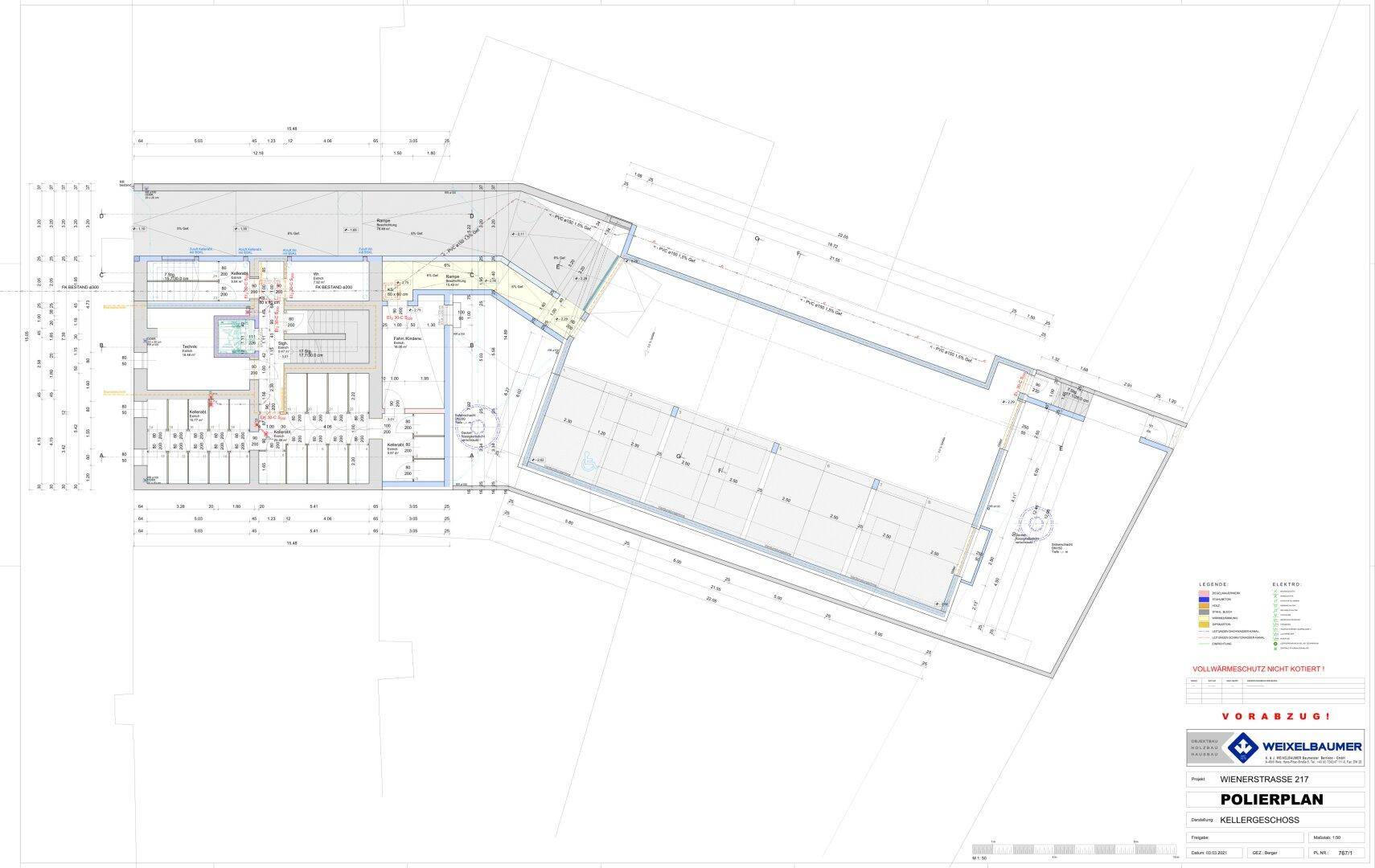 Grundrissplan des Kellergeschosses mit Abstellräumen und Tiefgaragenstellplätzen.