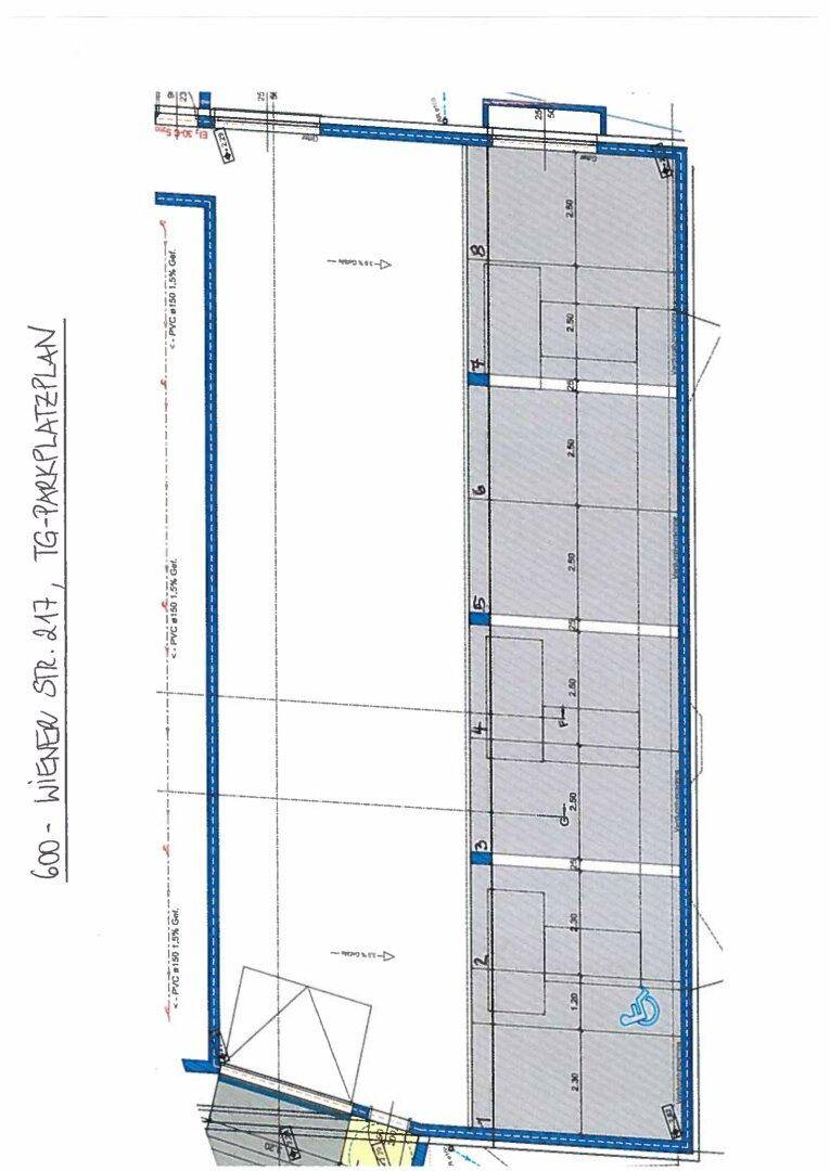 Detaillierter Plan der Tiefgarage mit nummerierten Stellplätzen und Behindertenparkplatz.
