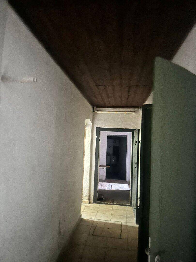 Langer, dunkler Flur mit Holzbalkendecke und mehreren Türen.