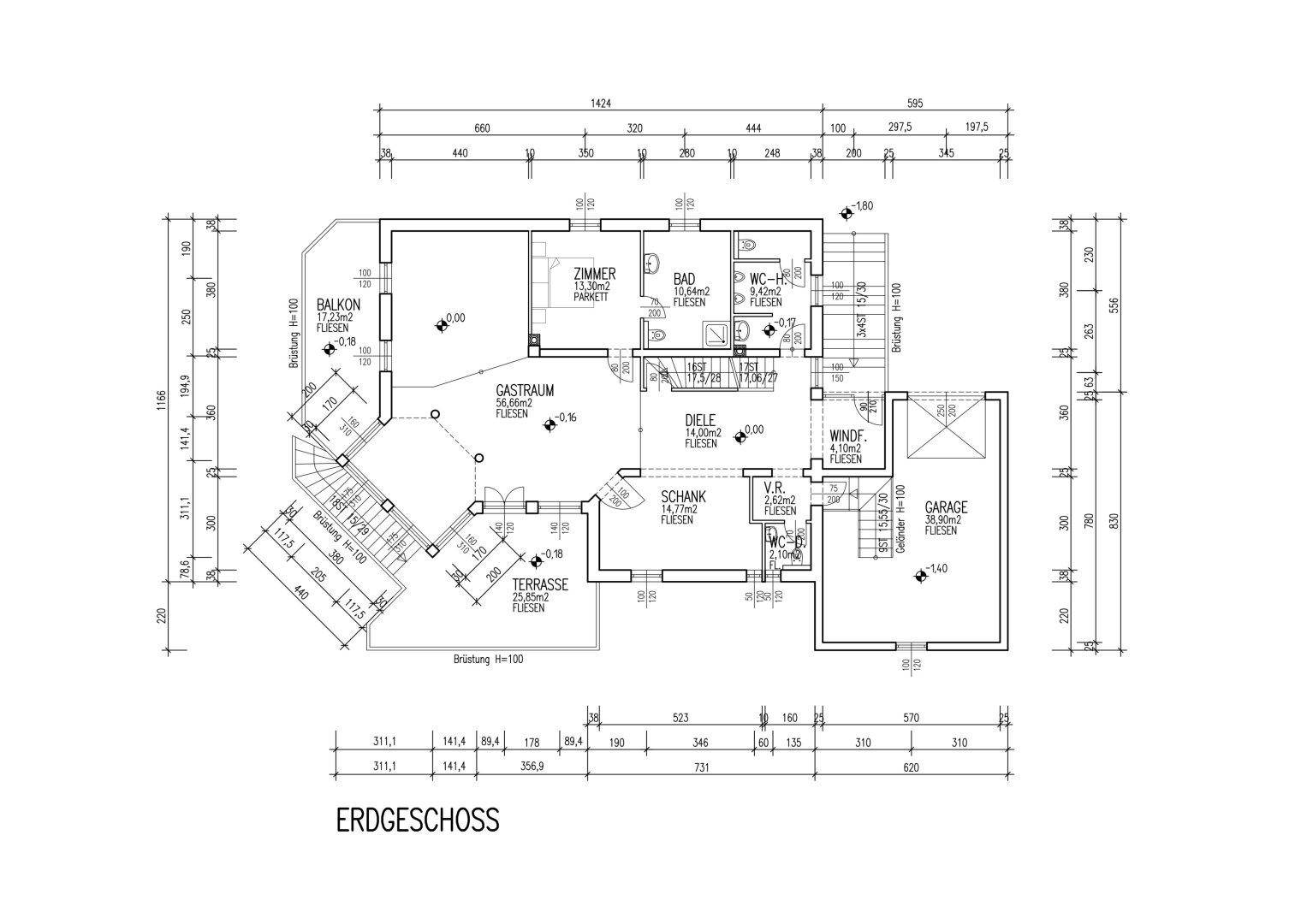 Detaillierter Grundriss des Erdgeschosses mit Zimmern, Bad, WC, Gastraum und Garage.
