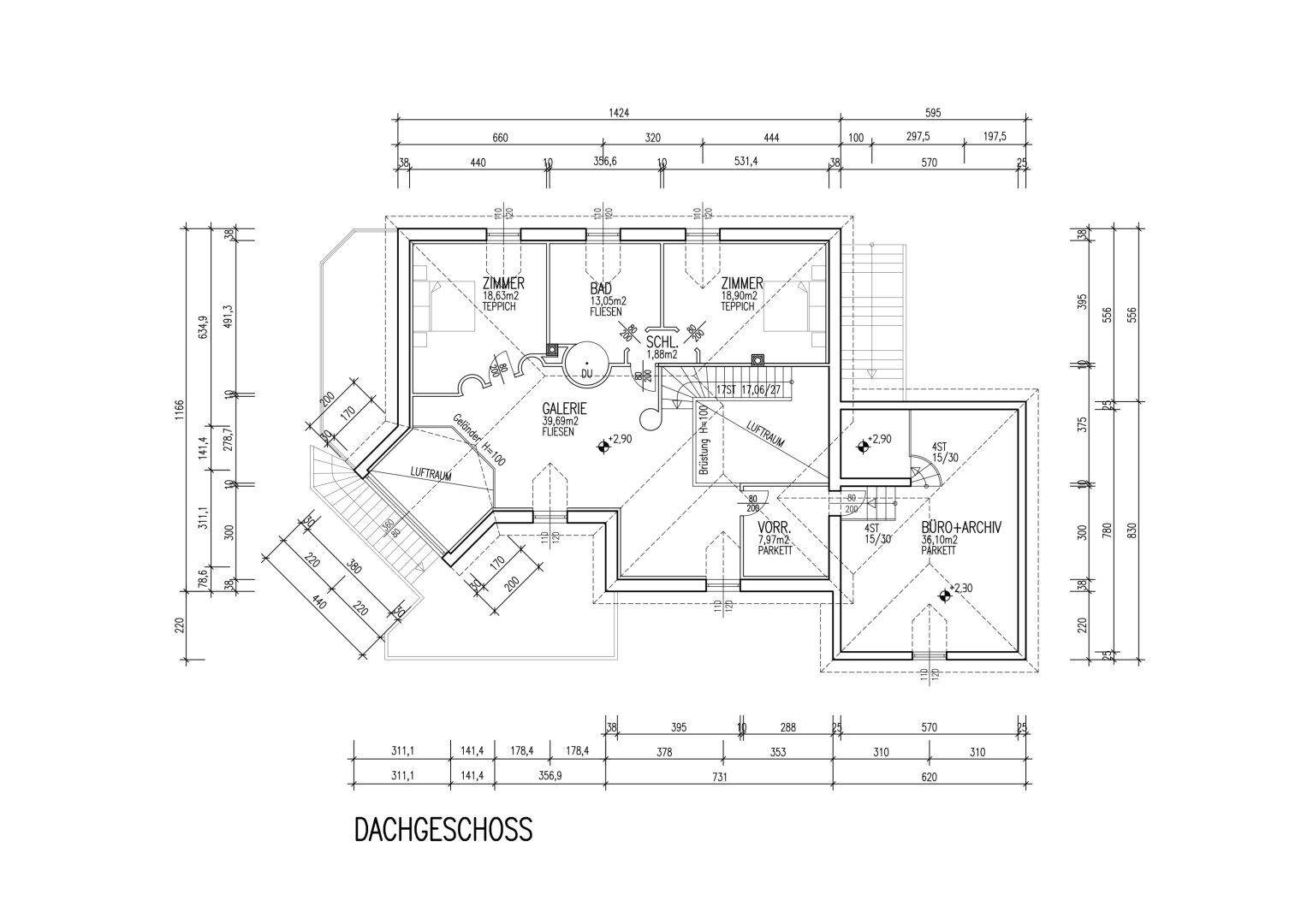 Grundriss des Dachgeschosses mit Zimmern, Bad, Galerie und Büroflächen.