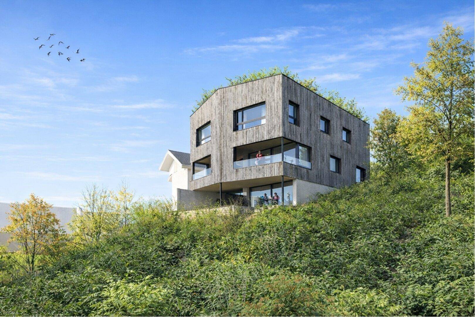 Modernes Wohnhaus mit Holzfassade, großen Fenstern und begrüntem Flachdach in Hanglage, umgeben von viel Grün.