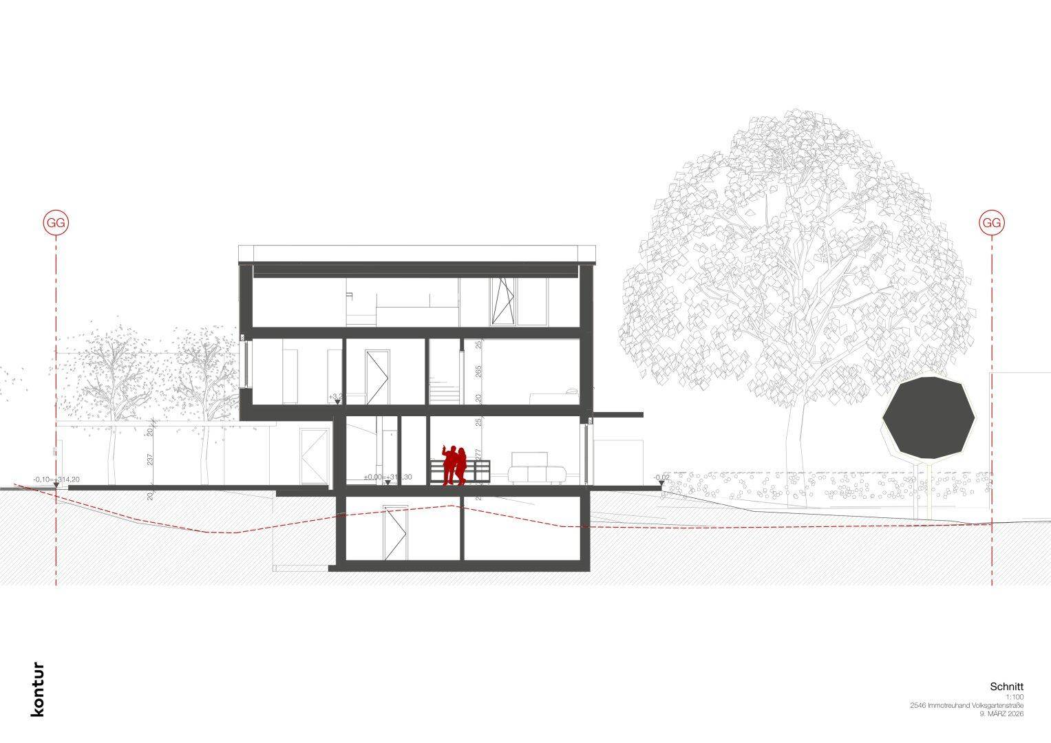 Architektonischer Schnitt durch das Gebäude mit Darstellung der Geschosse und Außenbereiche.