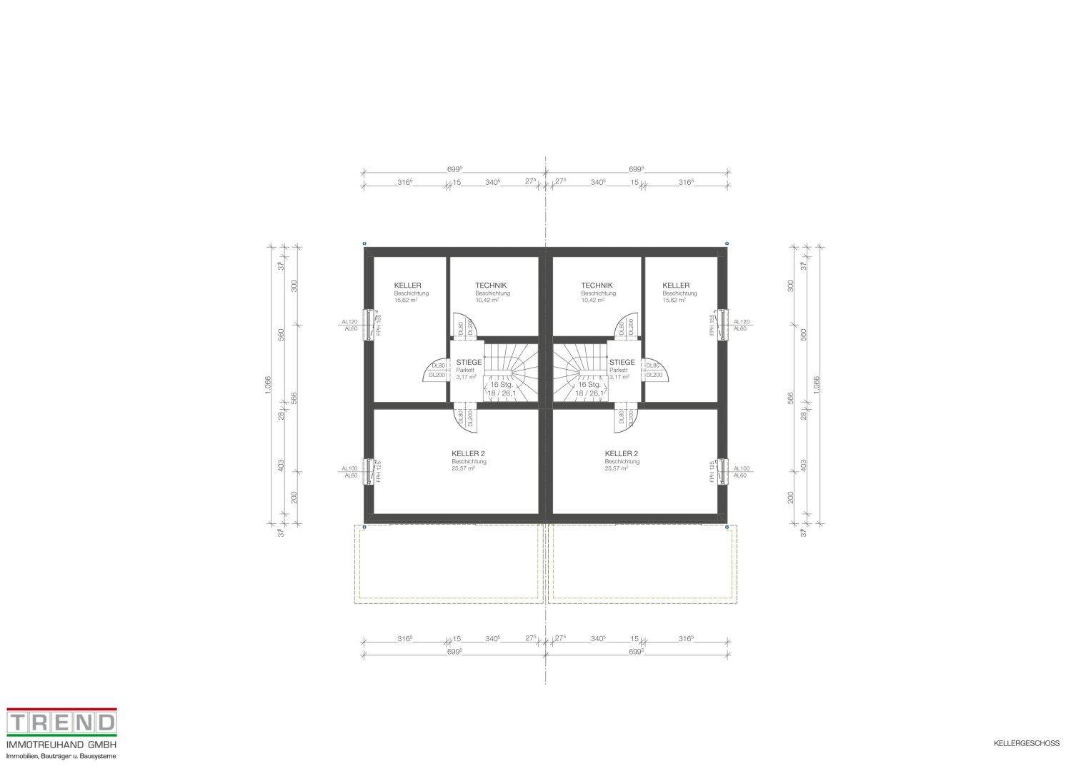 Grundriss des Kellergeschosses mit Technikräumen und Abstellflächen.