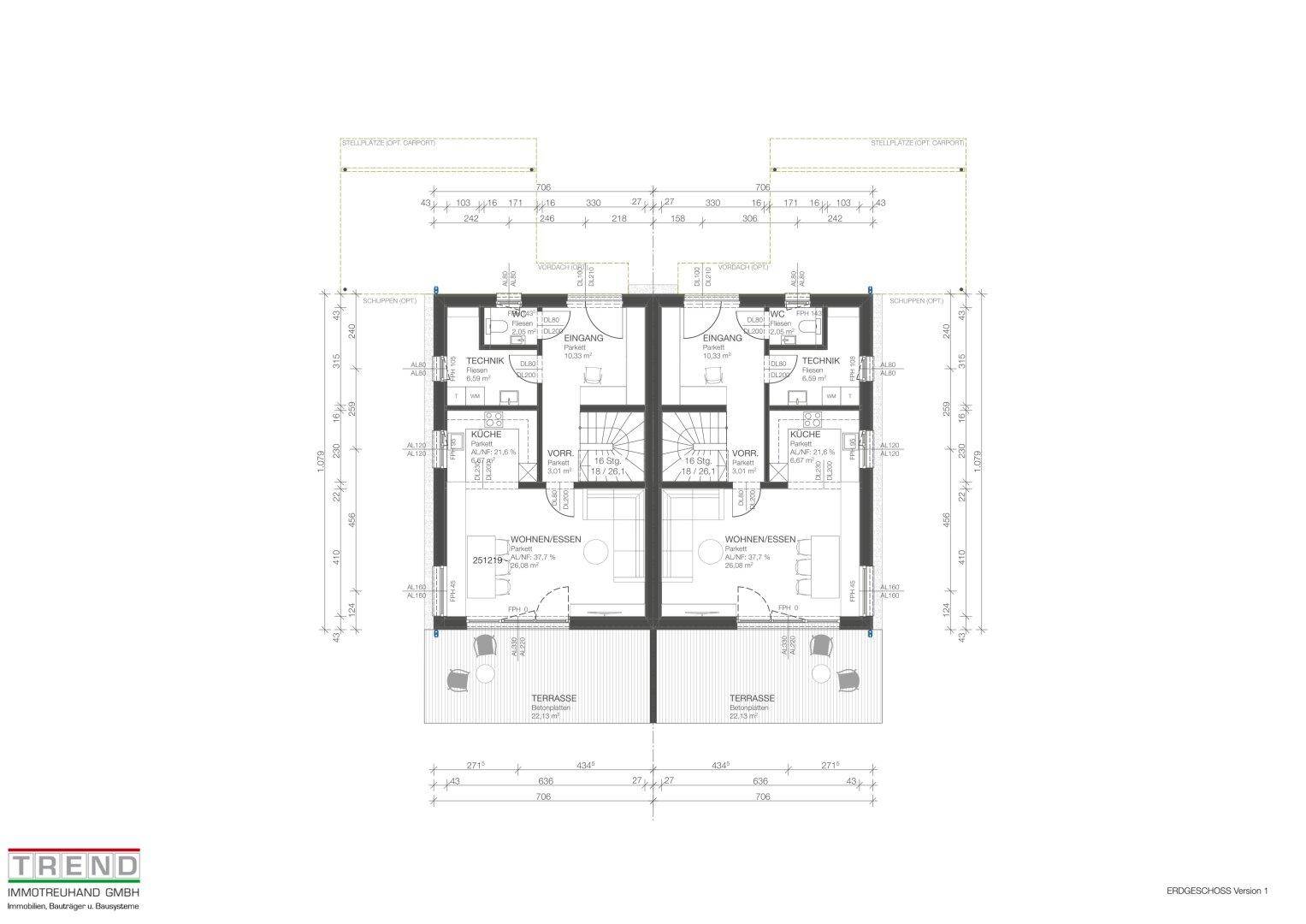 Grundriss des Erdgeschosses mit offenem Wohn-Essbereich und Terrassenzugang.