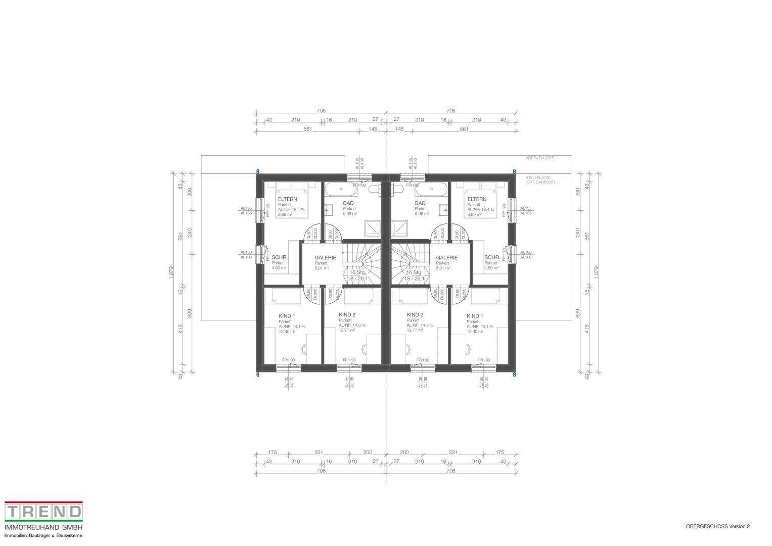 Alternativer Grundriss des Obergeschosses mit Schlafzimmern, Bädern und Galeriebereich.