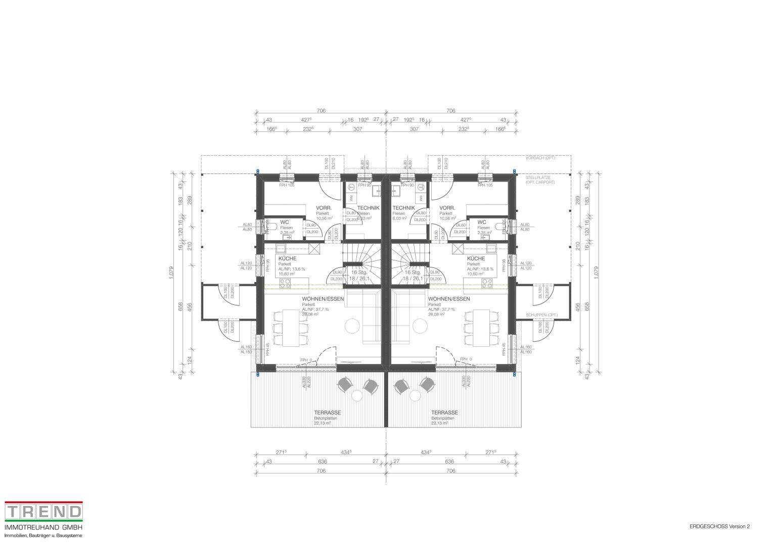 Alternativer Grundriss des Erdgeschosses mit offenem Wohn-Essbereich und Terrassenzugang.