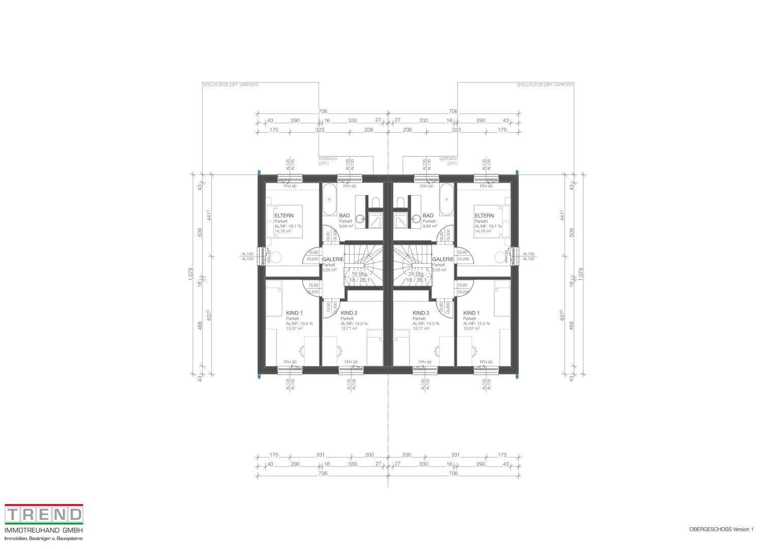 Grundriss des Obergeschosses mit Schlafzimmern, Bädern und Galeriebereich.