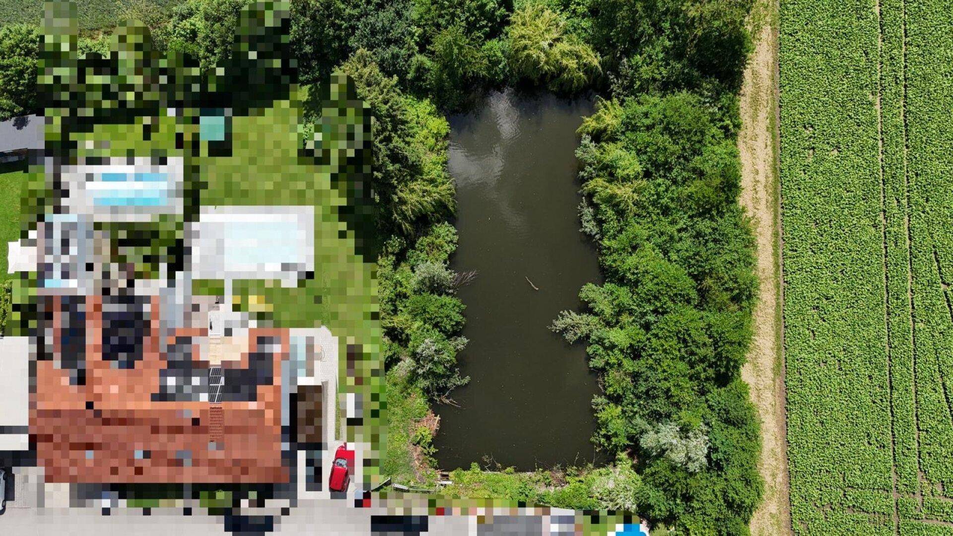 Nahaufnahme aus der Luft zeigt den Teich neben einem Wohnhaus mit Pool und angrenzenden Feldern.