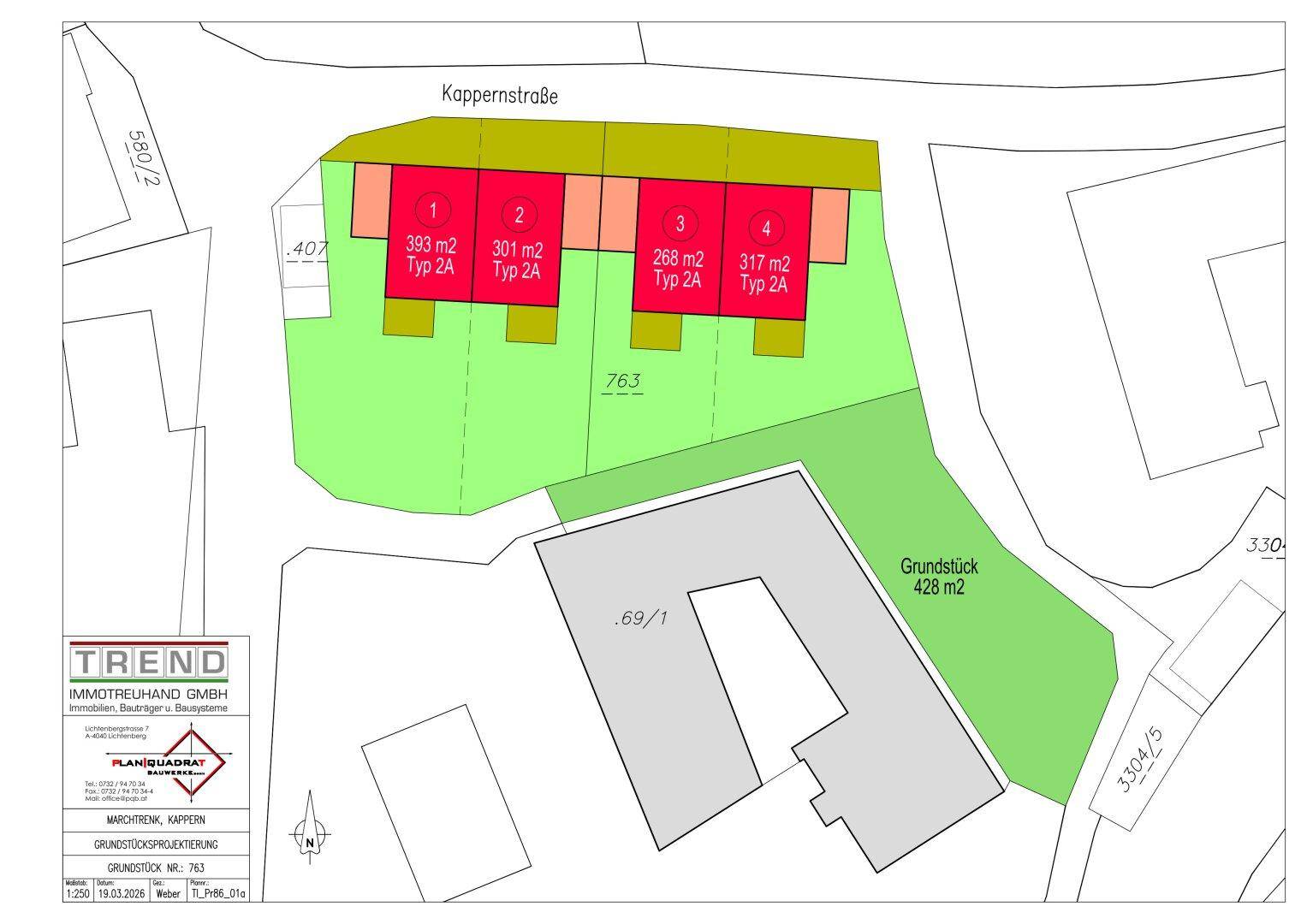 Übersichtsplan der Baugrundstücke mit vier geplanten Neubauten an der Kappernstraße.