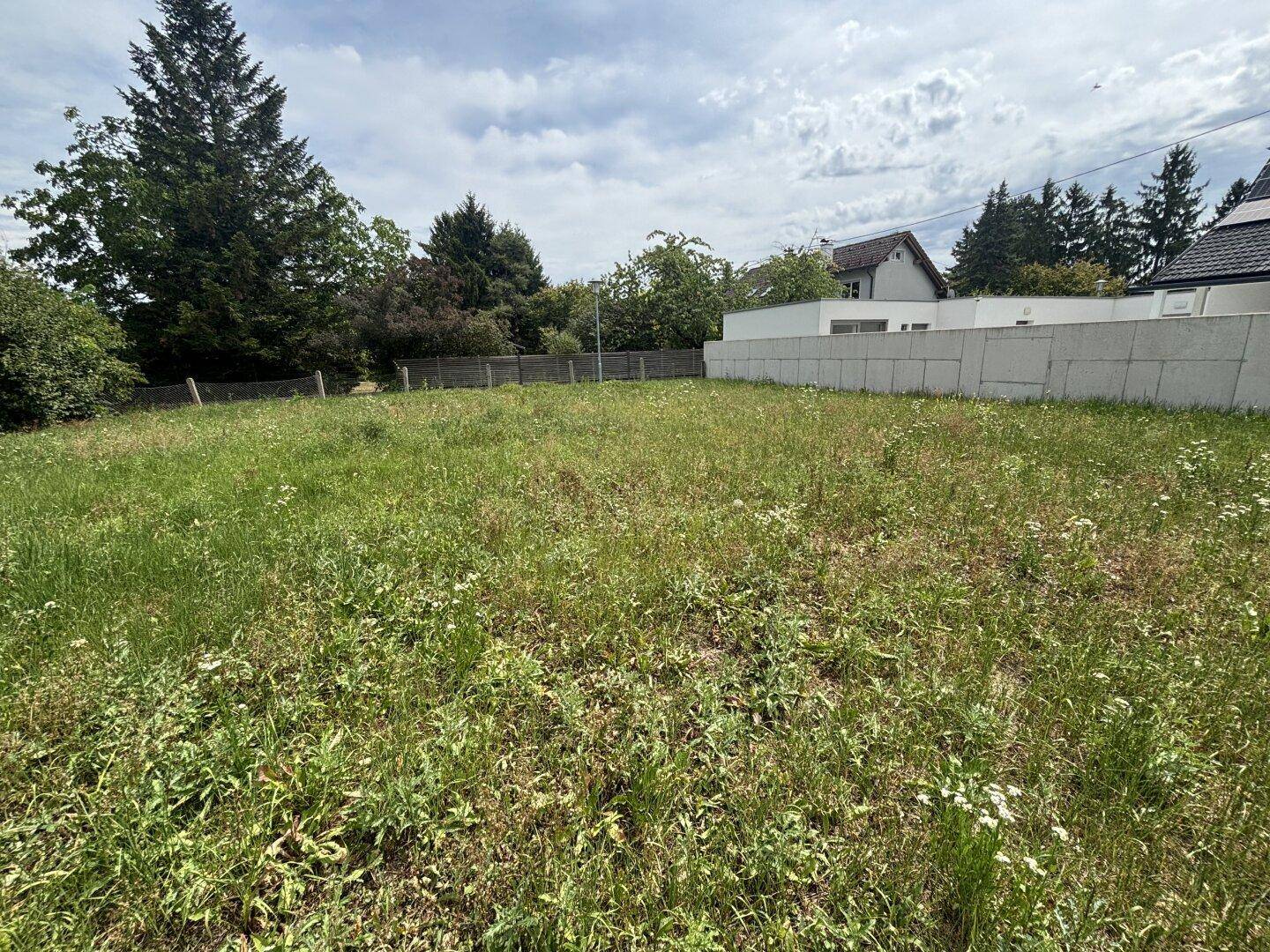 Weitläufiges unbebautes Grundstück mit natürlicher Vegetation und angrenzender moderner Bebauung.