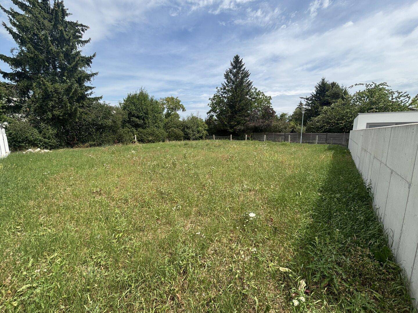 Grünes Baugrundstück mit weitem Blick und umgebender Natur sowie moderner Architektur.