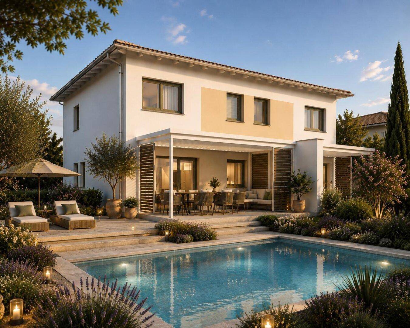 Moderne Doppelhaushälfte mit großem Pool, Sonnenterrasse und mediterran bepflanztem Garten.