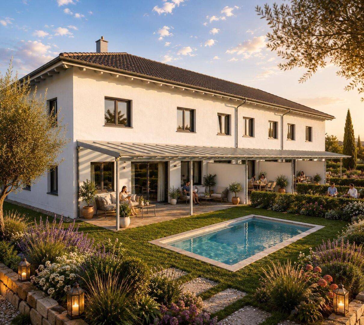 Modernes Haus mit weitläufigem Garten, Pool und überdachter Terrasse mit Pergola.