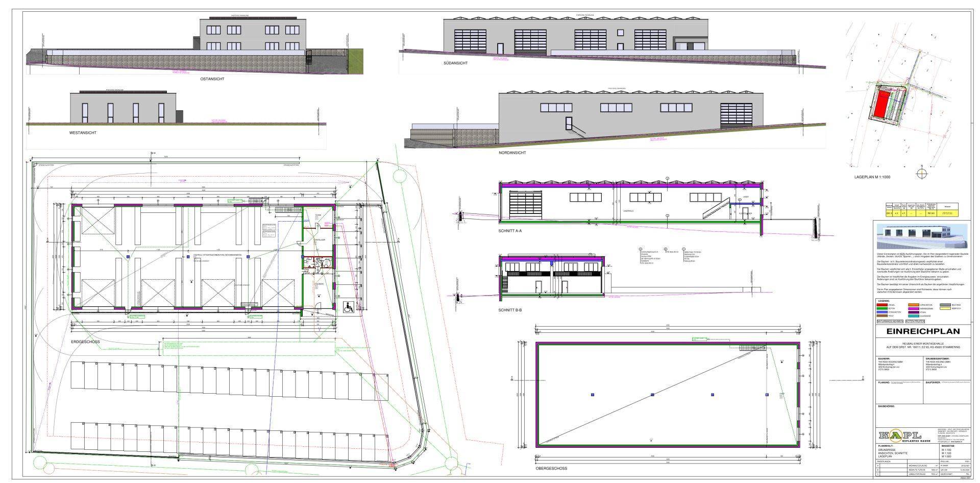 Detaillierter Einreichplan mit Grundrissen, Ansichten und Schnitten eines Gebäudekomplexes.
