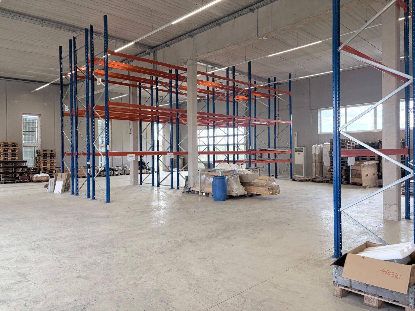 Weitwinkelaufnahme der Lagerhalle mit Metallregalen, Betonboden und großen Fenstern.