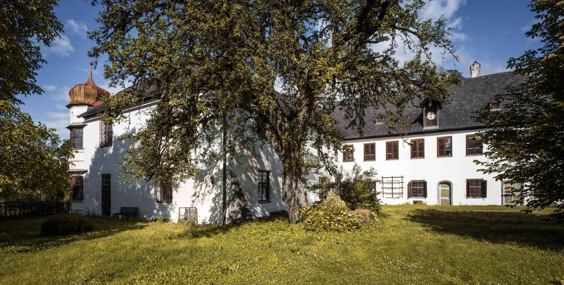 Historisches Gebäude mit weißer Fassade und altem Baumbestand in einem weitläufigen, sonnigen Garten.