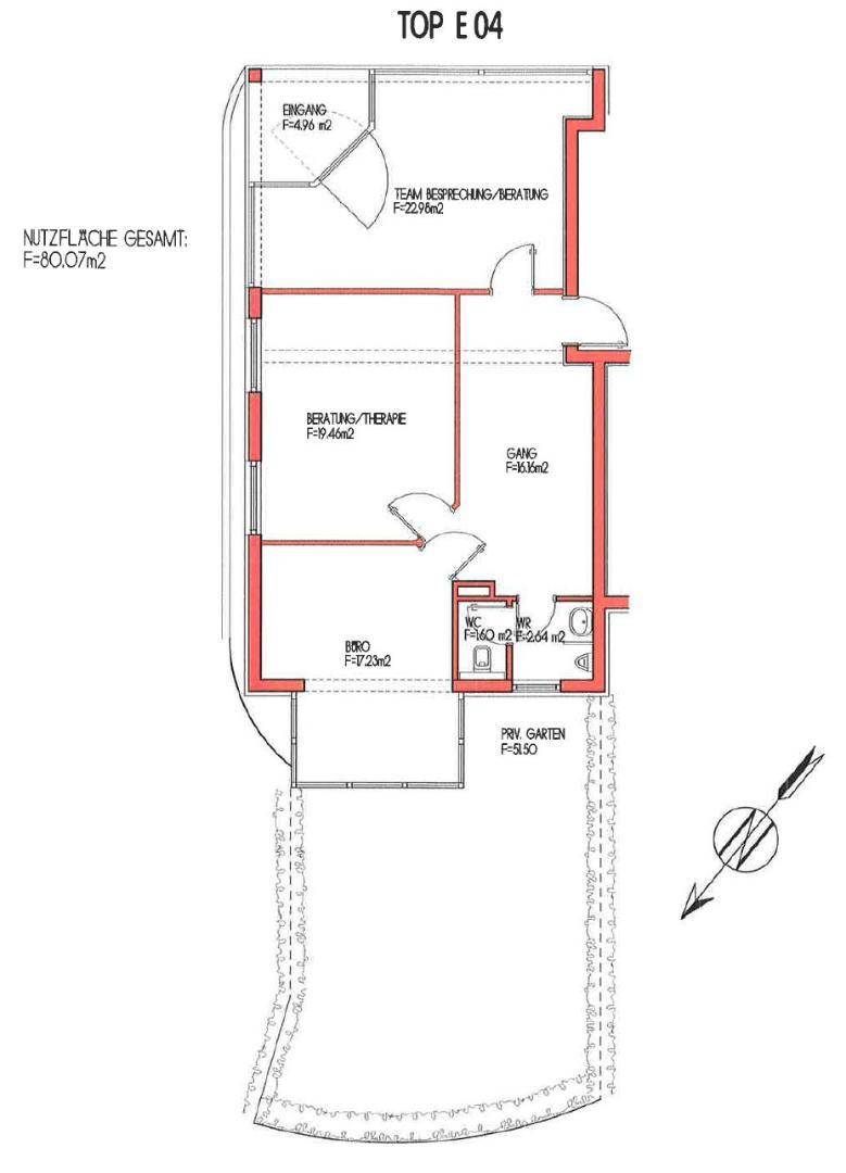 Grundriss einer Einheit mit mehreren Räumen, einem privaten Garten und einer Gesamtfläche von 80,07 m².