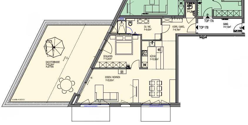 Detaillierter Grundriss einer Wohnung mit Dachterrasse, kombiniertem Wohn-Essbereich und Schlafzimmer.