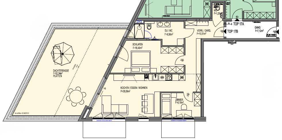 Grundriss einer Wohnung mit großer Dachterrasse, offenem Wohnbereich und Schlafzimmer mit Bad en suite.