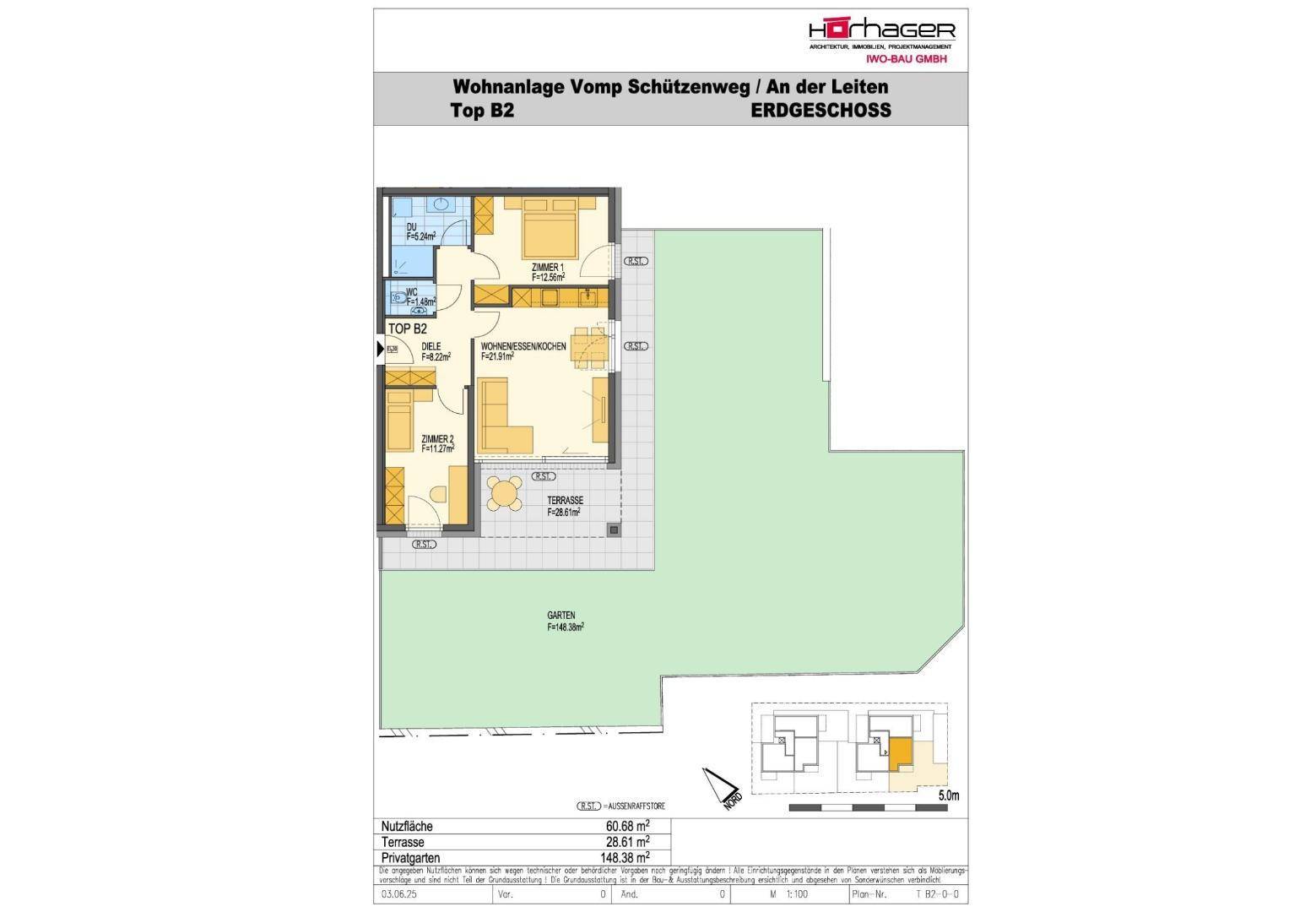 Grundriss einer Erdgeschosswohnung mit Terrasse, Garten und zwei Schlafzimmern.