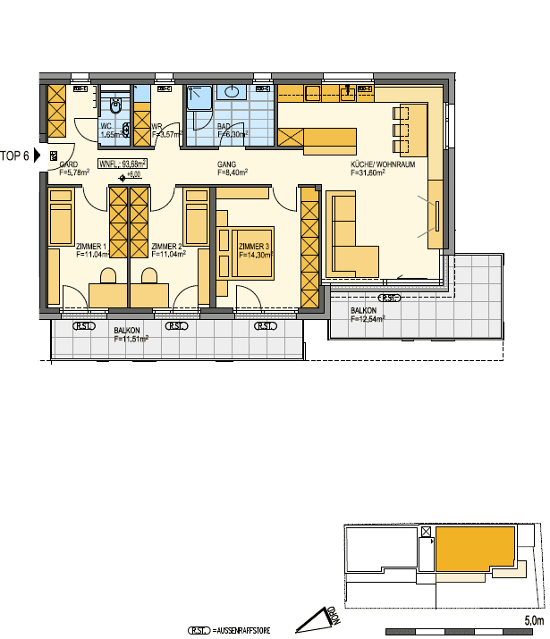 Grundriss einer Wohnung mit offenem Wohn-/Essbereich, drei Zimmern, zwei Bädern und mehreren Balkonen.