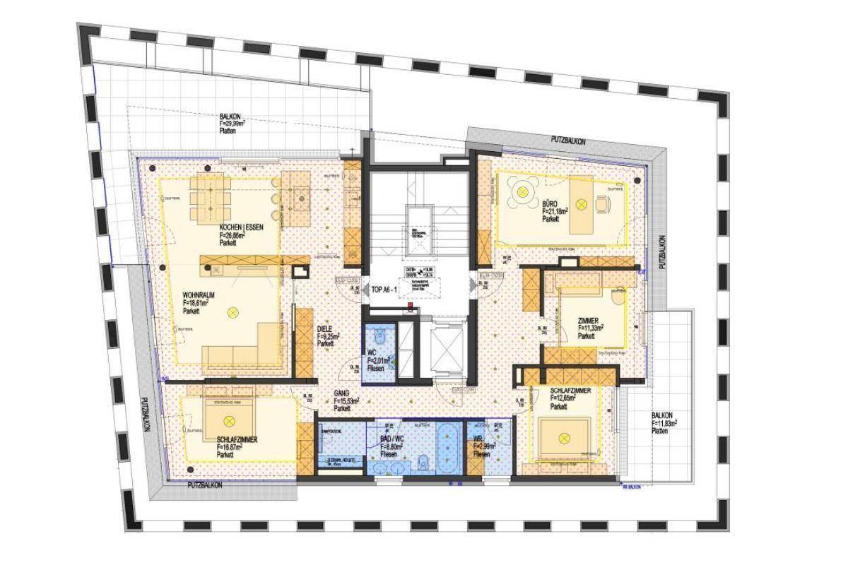 Detaillierter Grundriss einer Wohnung mit mehreren Zimmern, Balkonen und offenem Wohnbereich.