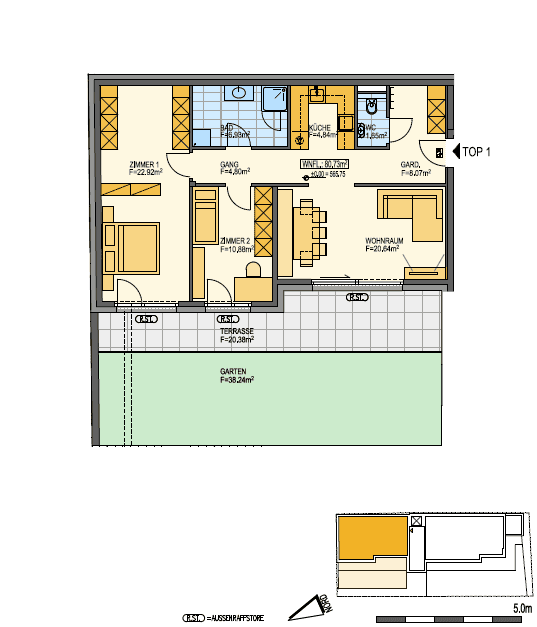 Grundriss einer Wohnung mit zwei Zimmern, offenem Wohnbereich, Bad, WC, Terrasse und Garten.