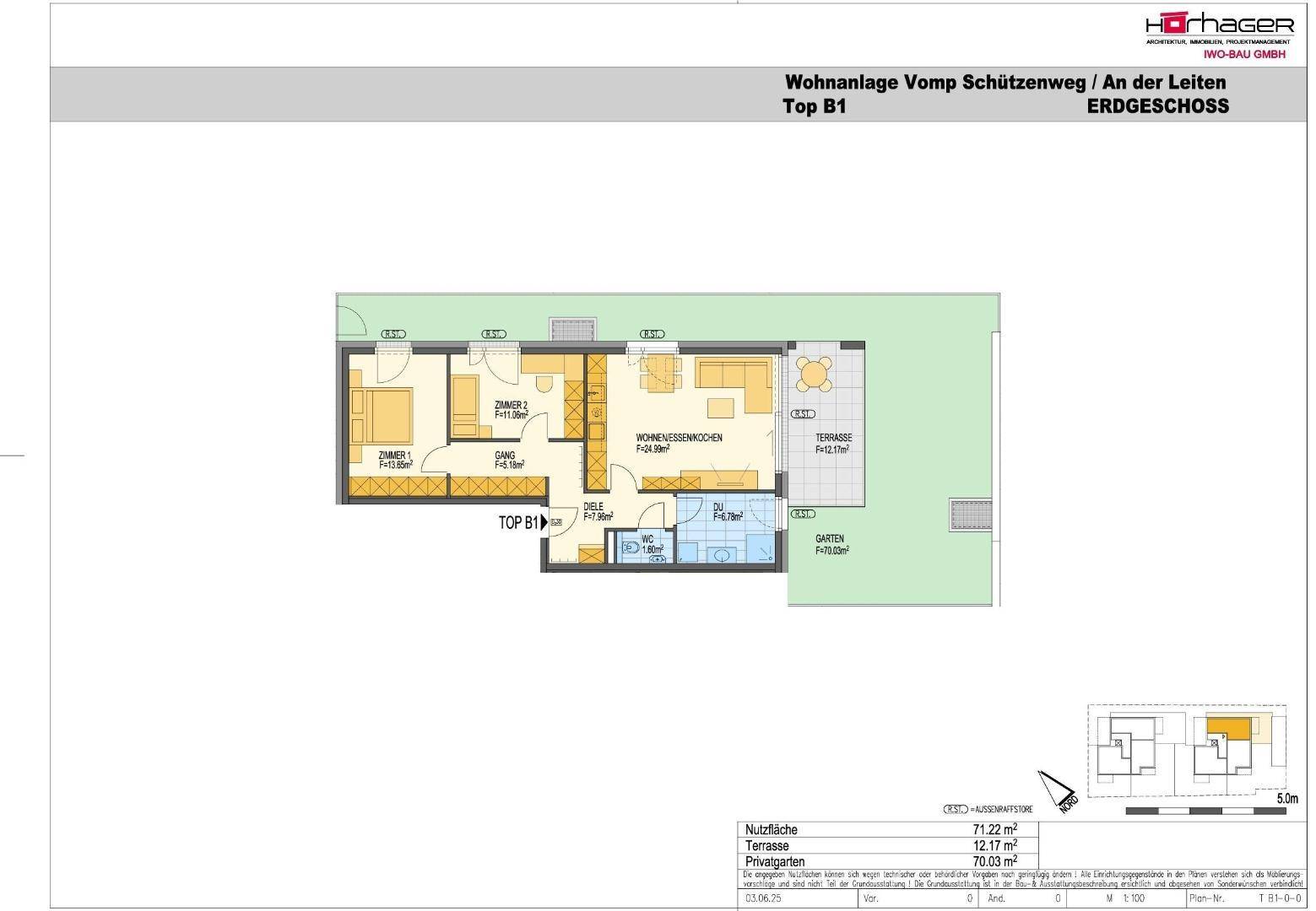 Grundriss der Erdgeschosswohnung Top B1 mit zwei Zimmern, offenem Wohnbereich und Terrasse mit Garten.