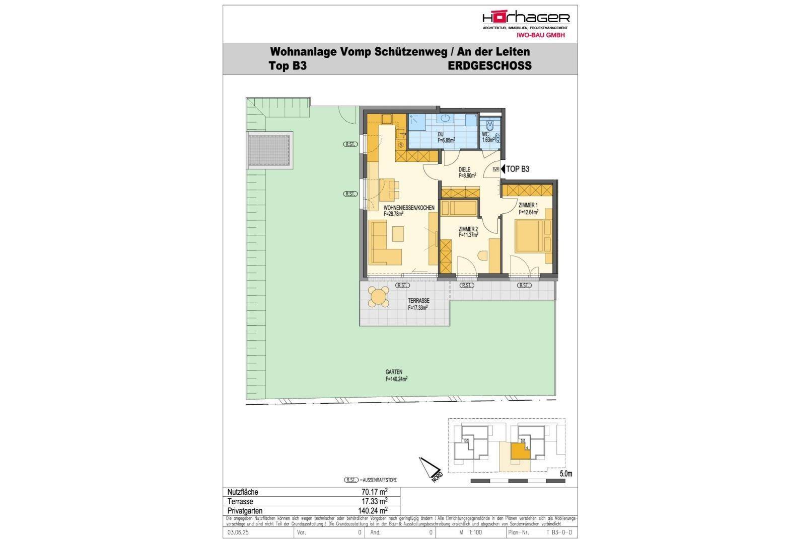 Grundriss einer Erdgeschosswohnung mit Wohn-Essküche, Schlafzimmer, Bad, WC, Terrasse und privatem Garten.