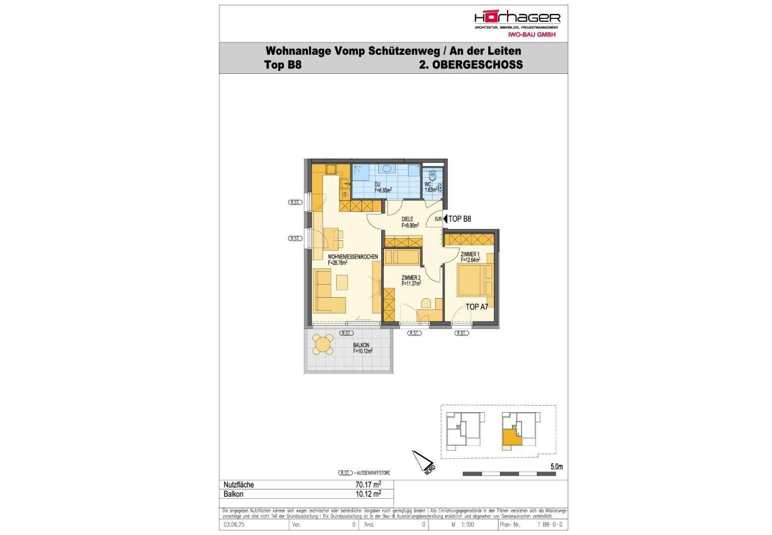 Grundriss einer Wohnung im 2. Obergeschoss mit Balkon und zwei Zimmern.