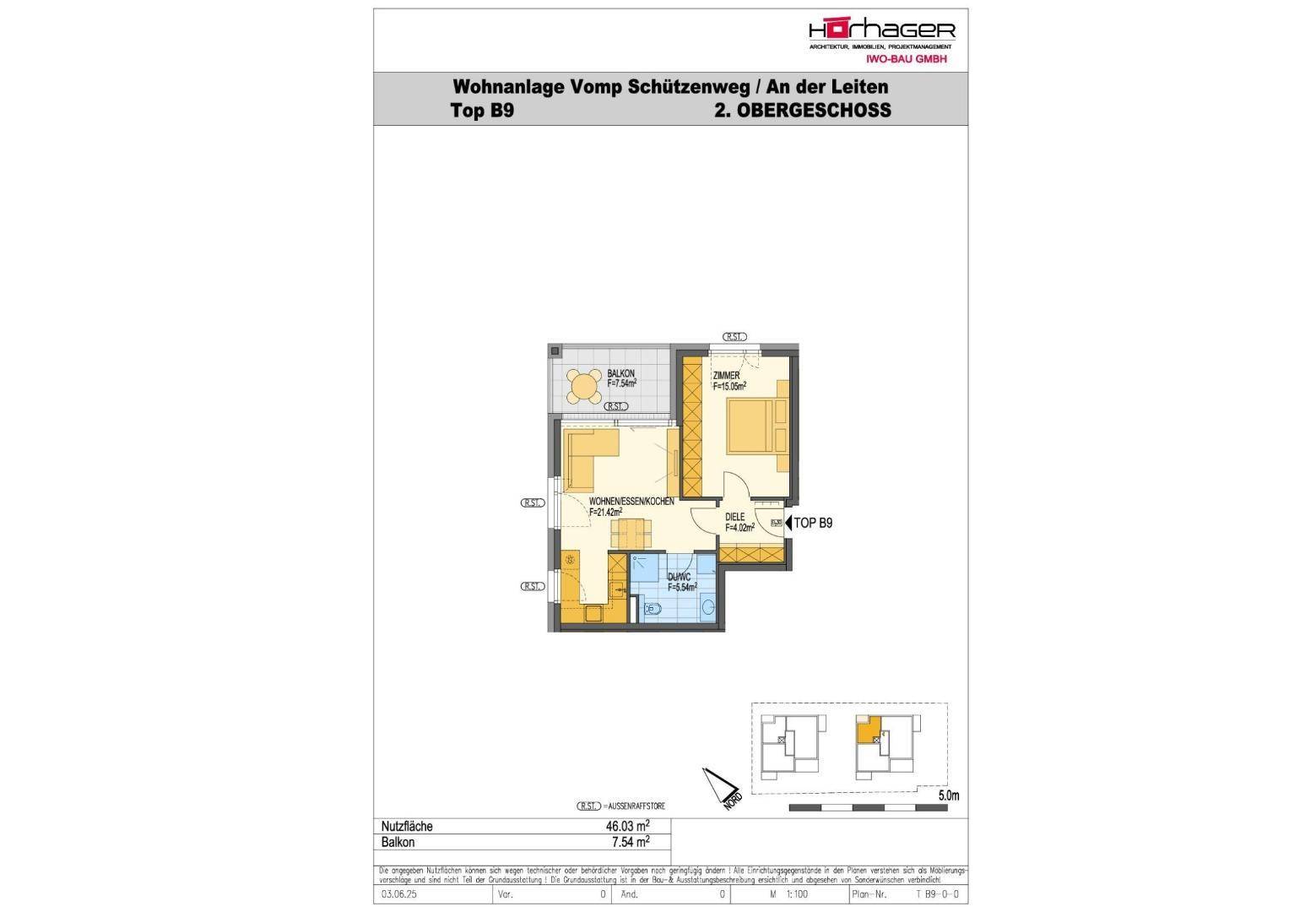 Grundriss der Wohnung Top B9 mit offenem Wohnbereich, Schlafzimmer, Bad und separatem WC.