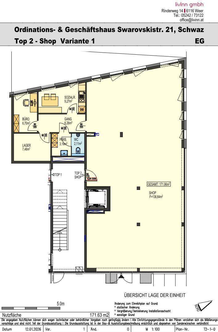 Grundriss für ein Geschäftshaus mit Ladenfläche, Büro und Lagerraum im Erdgeschoss.