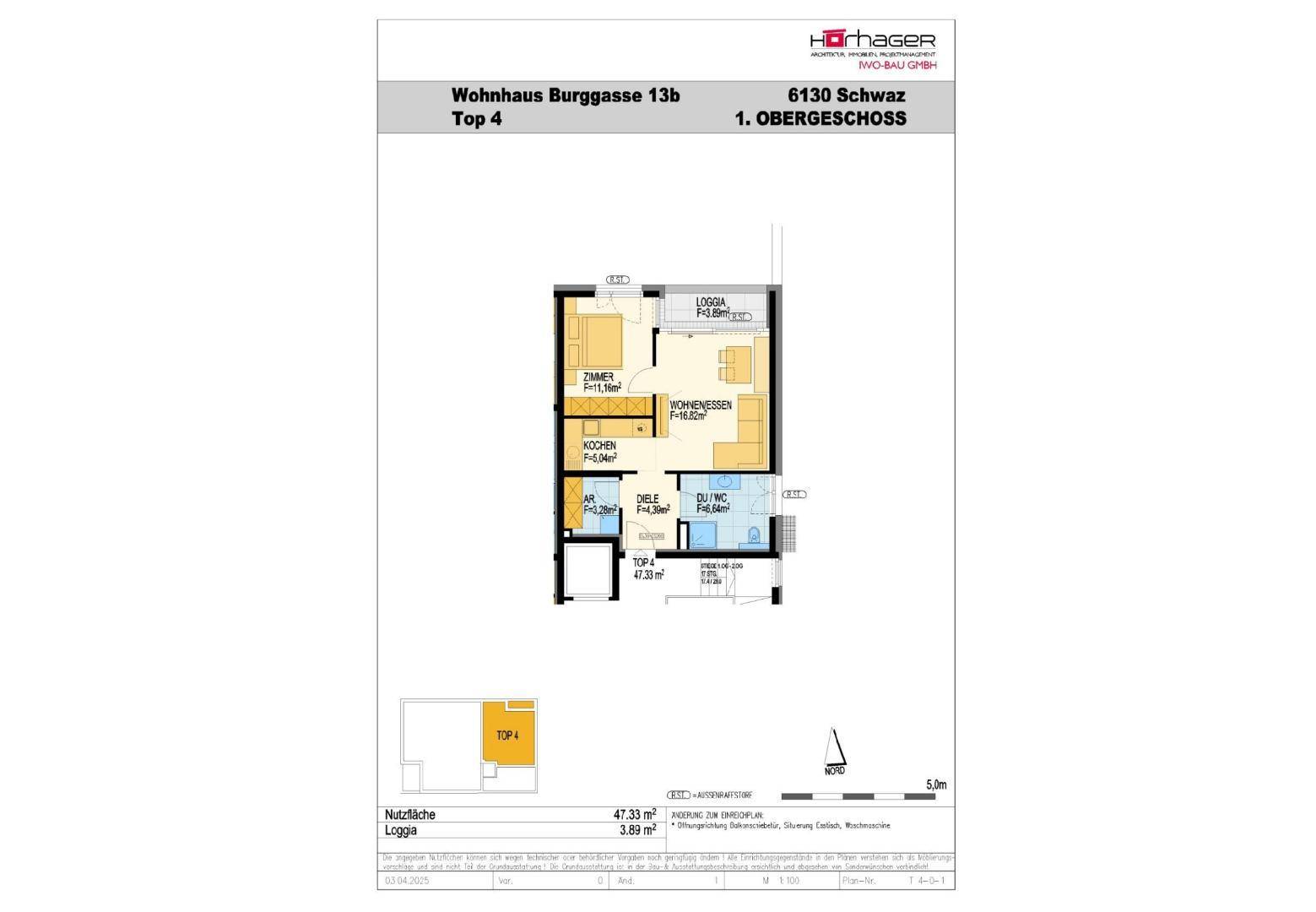 Grundriss der Wohnung Top 4 im ersten Obergeschoss mit Loggia, Wohn-Essbereich und separatem Zimmer.