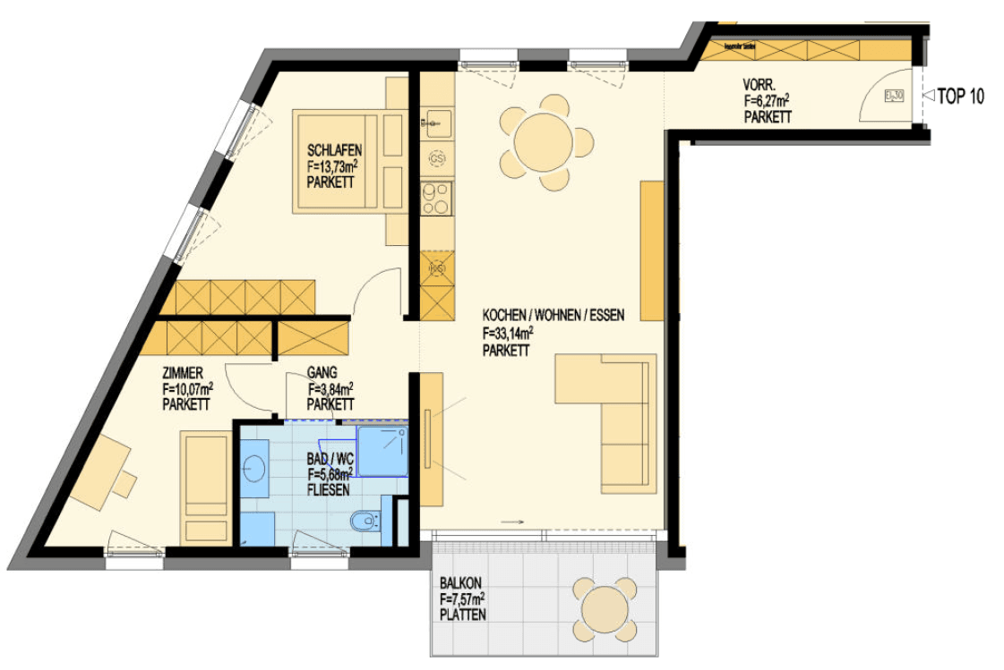 Detaillierter Grundriss einer Wohnung mit drei Zimmern, offenem Wohnbereich und Balkon.