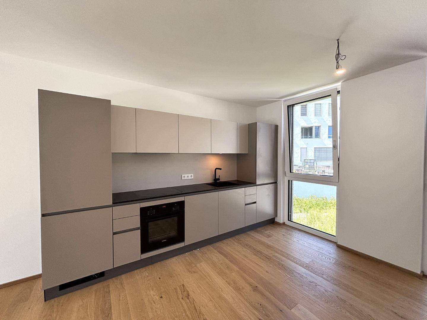 Moderne Einbauküche in hellem Grau mit integriertem Backofen und großem Fenster.