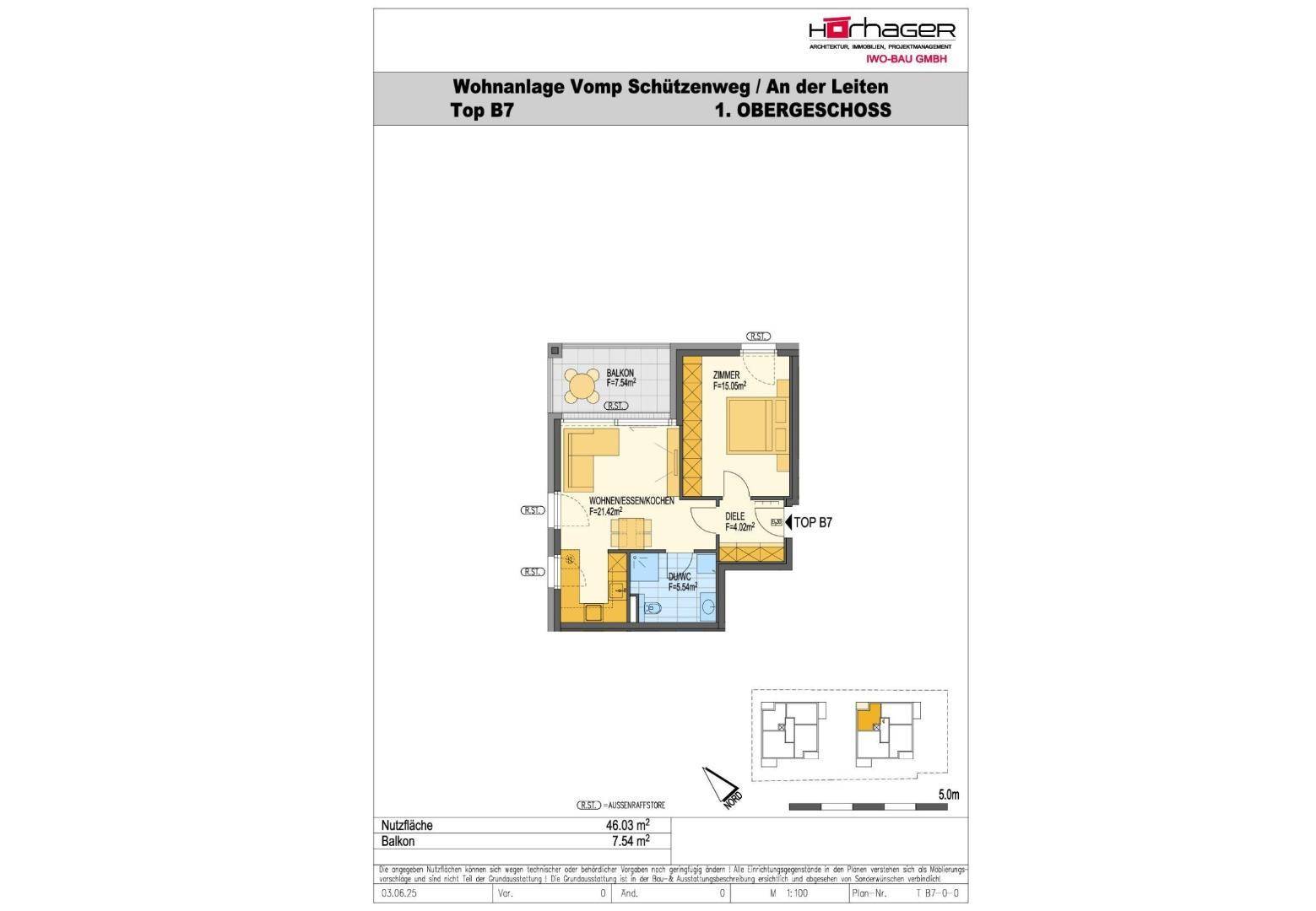 Grundriss einer Wohnung im ersten Obergeschoss mit einem Schlafzimmer und Balkon.