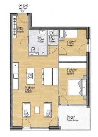 Grundriss einer Wohnung mit 78,7m², Loggia, Schlafzimmer und offenem Wohnbereich.