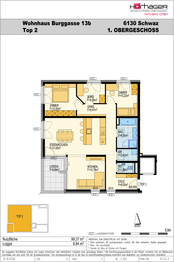 Detaillierter Grundriss einer Wohnung mit drei Zimmern, offenem Wohnbereich, Loggia und separatem WC.