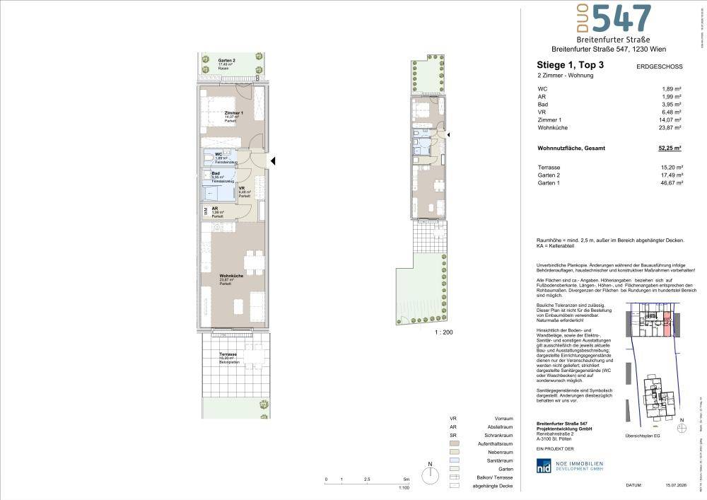 Grundriss einer 2-Zimmer-Wohnung mit Terrasse und Garten im Erdgeschoss.