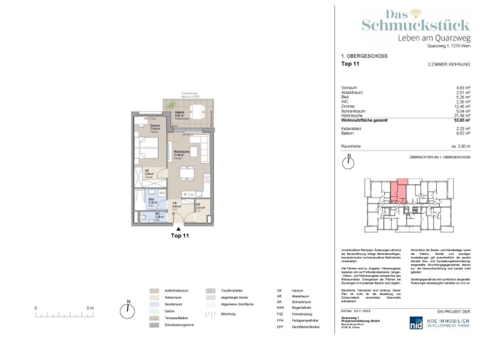 Grundriss der 2-Zimmer-Wohnung Top 11 im 1. Obergeschoss mit Balkon.