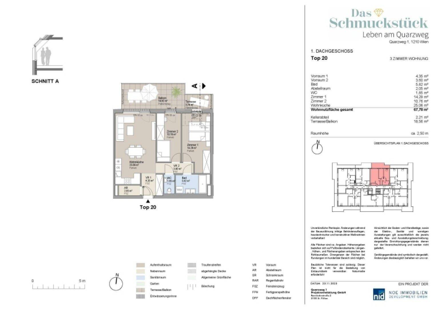 Detaillierter Grundriss einer 3-Zimmer-Wohnung im Dachgeschoss mit Terrasse.