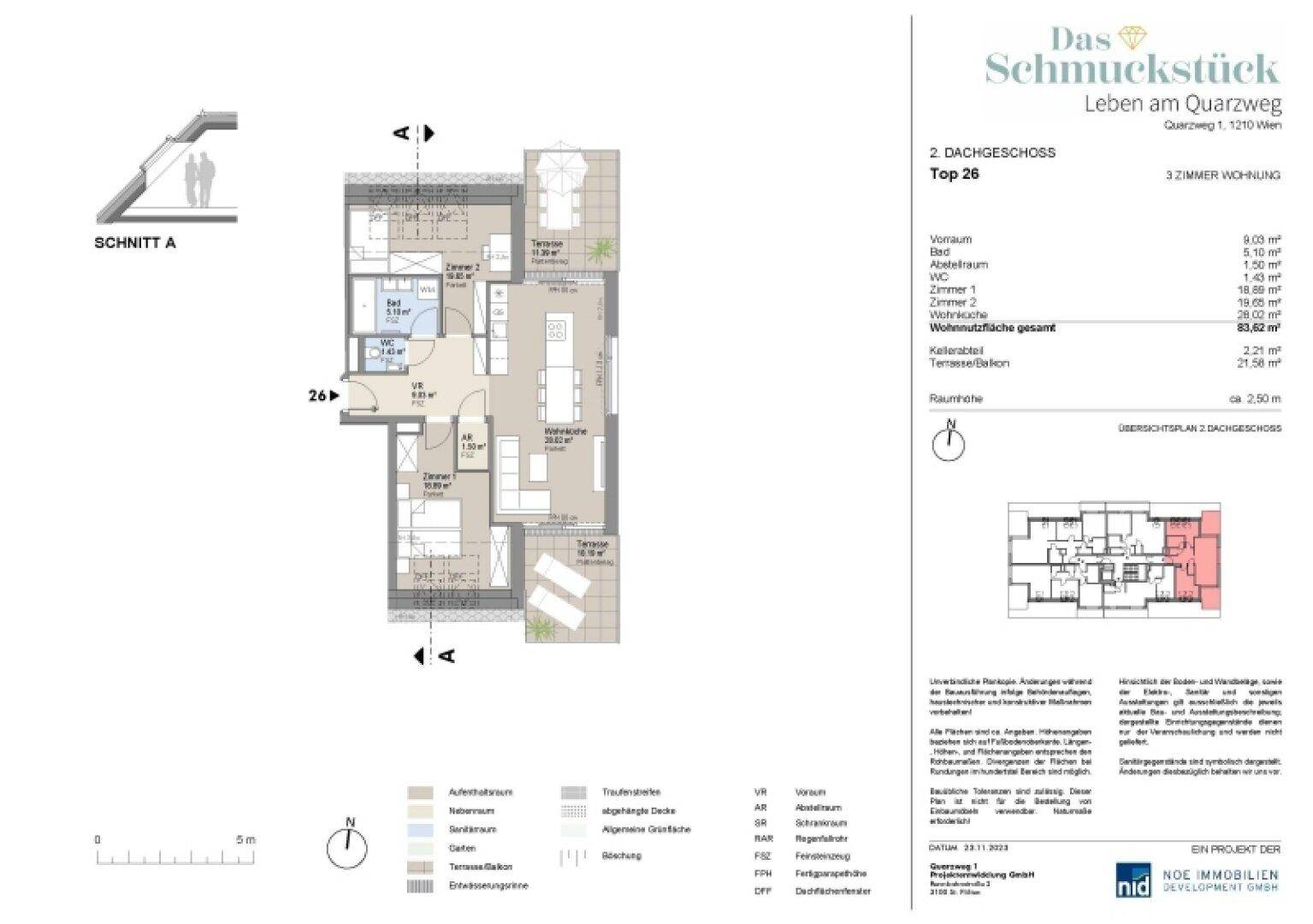 Grundriss der Dachgeschosswohnung Top 26 mit drei Zimmern, Bad, WC und Terrassen.