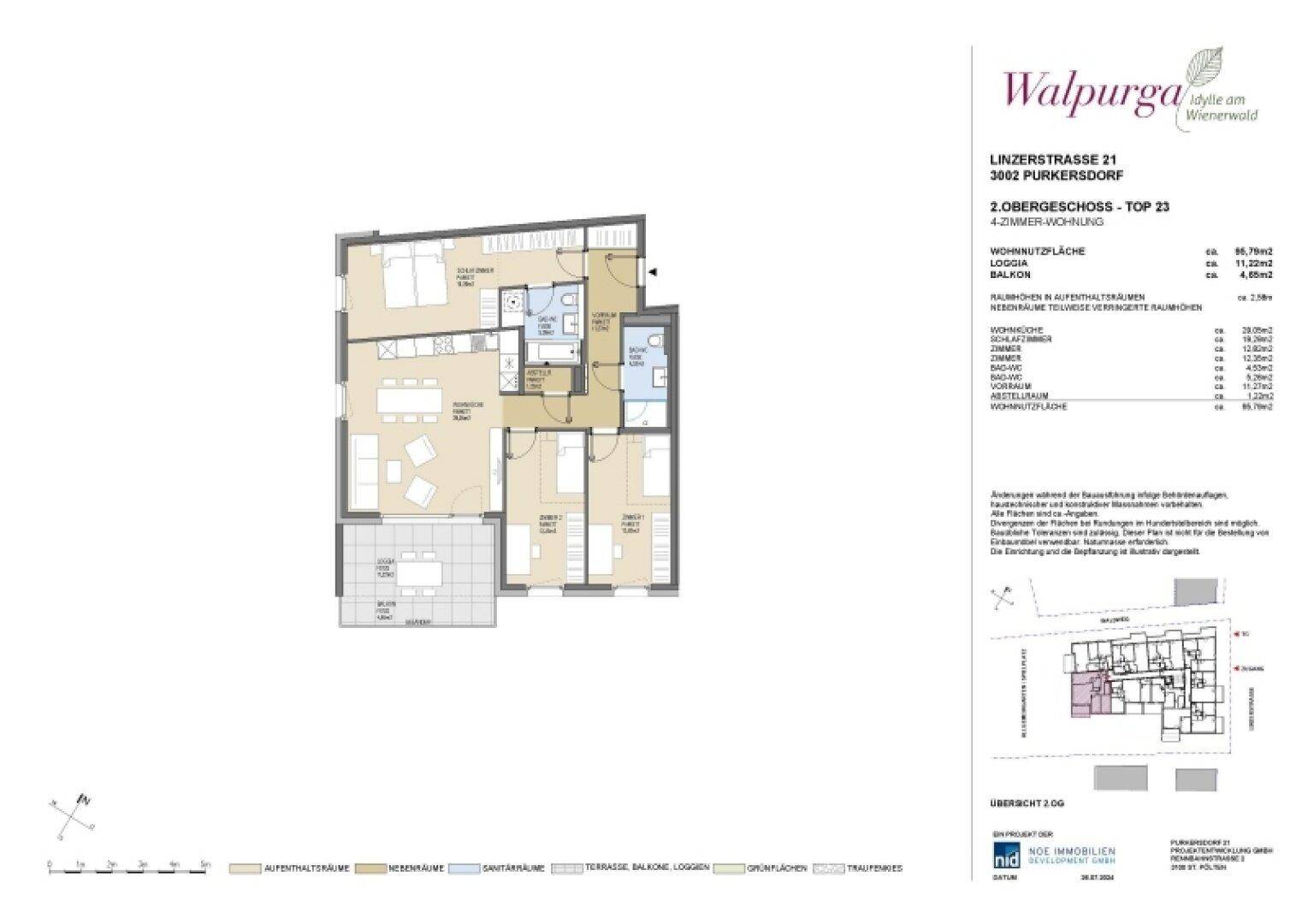 Detaillierter Grundriss einer 4-Zimmer-Wohnung im zweiten Obergeschoss mit Balkon und Loggia.